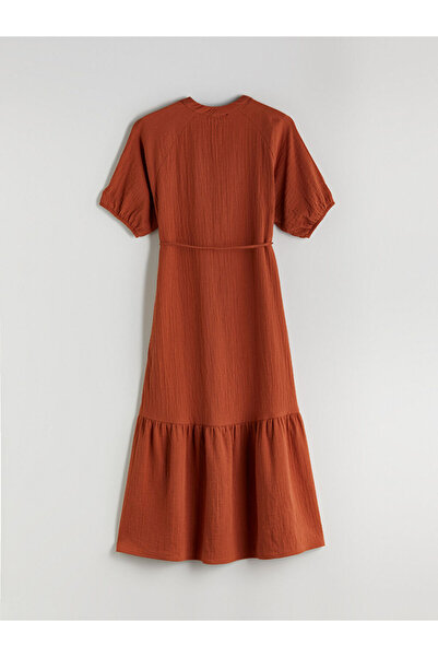 LC Waikiki Croc Collar Textured Balloon Sleeve Muslin Dress