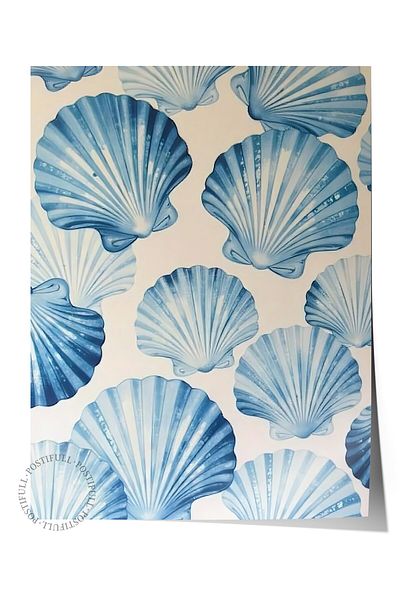 Postifull Frameless Wall Poster, Seashells, Illustration, Blue Color Poster, 2025 Summer Selection, No:1096