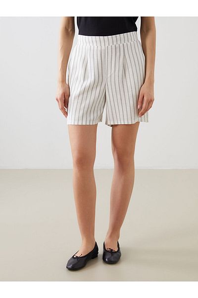 LC Waikiki Black Elastic Waist Striped Linen Look Women's Shorts