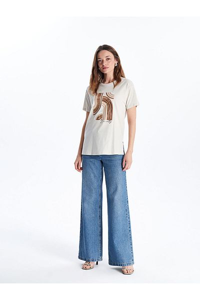 LC Waikiki Gray Crew Neck Printed Women's T-Shirt