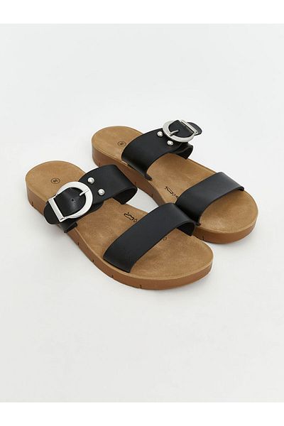 LC Waikiki Lcw Steps Black Leather Look Double Banded Women's Slippers