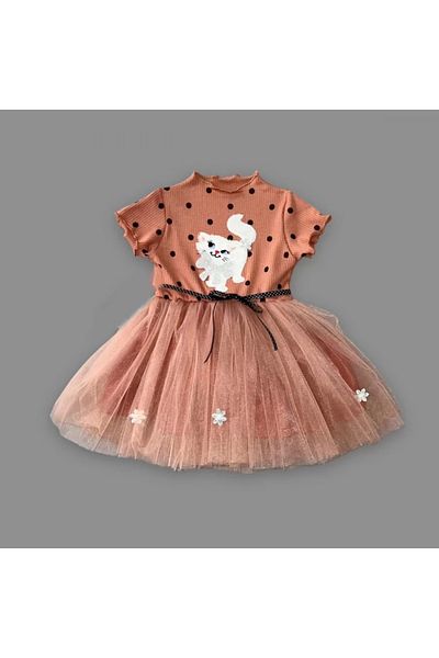 ALFA AKSESUAR 03 1-2-3 Years Old Sequined Cat Printed Polka Dot Baby Girl Dress Brown