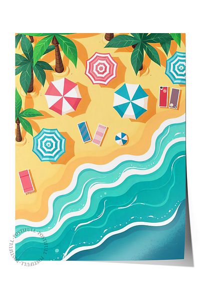 Postifull Frameless Wall Poster, Seaside, Illustration, Maximalist, Blue Color Poster, 2025 Summer Selection, No:10