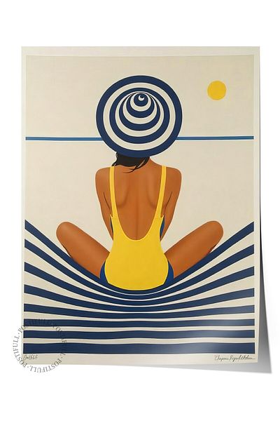 Postifull Poster de perete fără încadrare, femeie pe plajă, ilustrație, poster de culoare galbenă, selecție de vară 2025, NR:10960