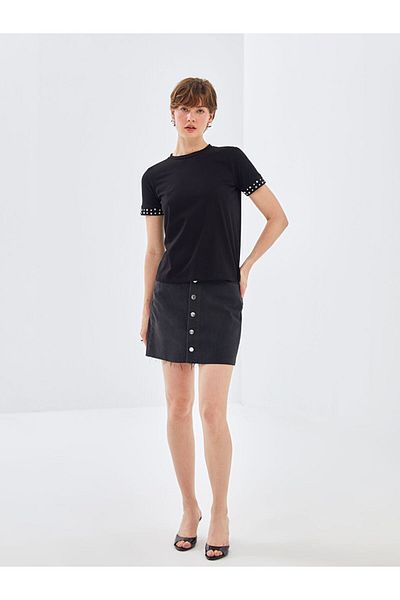 LC Waikiki Crew Neck Shiny Stone Short Sleeve Women's T-Shirt