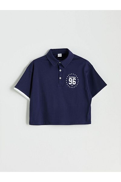 LC Waikiki Navy Blue Polo Neck California Printed Girl's Crop T-Shirt