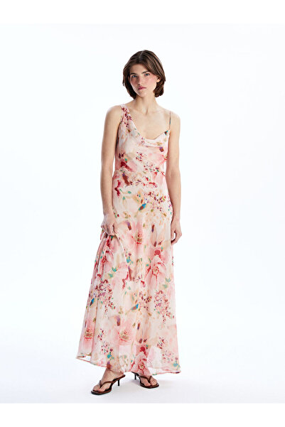 LC Waikiki Rochie roz din șifon floral cu lejer bretele și decolteu în formă ...
