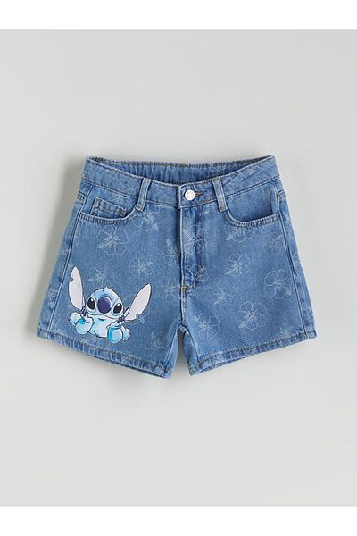 LC Waikiki Indigo Stitch Printed Girl's Jean Shorts