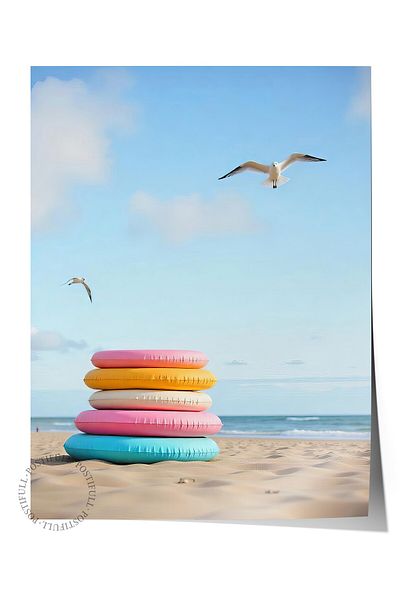 Postifull Frameless Wall Poster, Swimming Ring on the Beach, Photo, Yellow Color Poster, 2025 Summer Selection, No:109