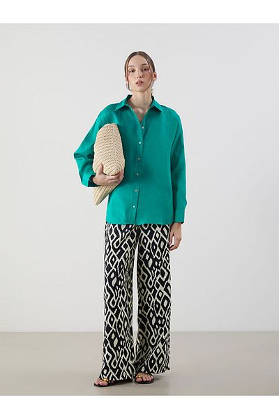 LC Waikiki Green Oversize 100% Linen Women's Shirt