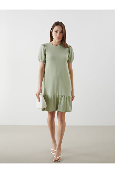 LC Waikiki فستان قصير مزخرف برقبة دائرية باللون الأخضر