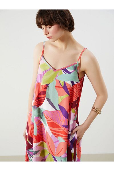 LC Waikiki Mixed V-Neck Floral Strap A-Line Dress