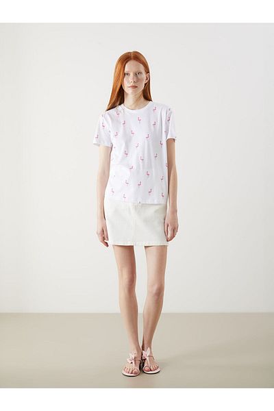 LC Waikiki Tricou XSIDE alb pentru femei cu imprimeu flamingo