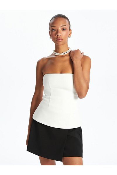 LC Waikiki Ecru Strapless Neckline Peplum Blouse