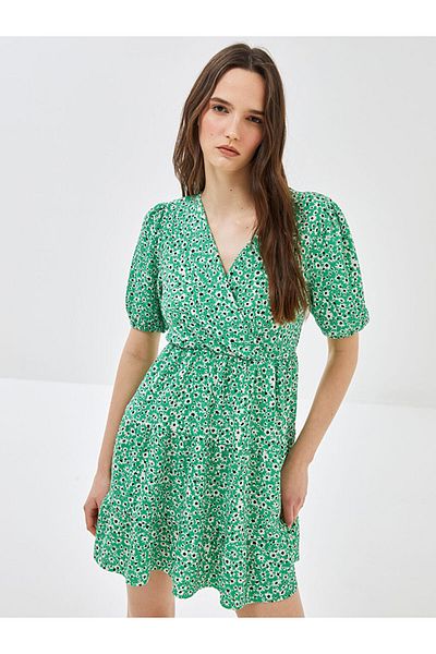 LC Waikiki Double Breasted Collar Patterned Short Sleeve Women's Dress