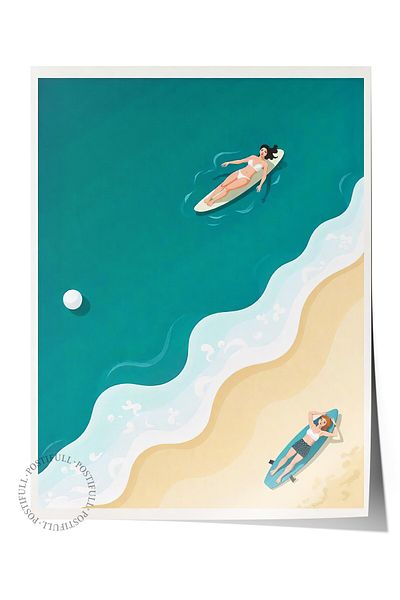 Postifull Frameless Wall Poster, Women Sunbathing, Illustration, Maximalist, Blue Color Poster, 2025 Ya