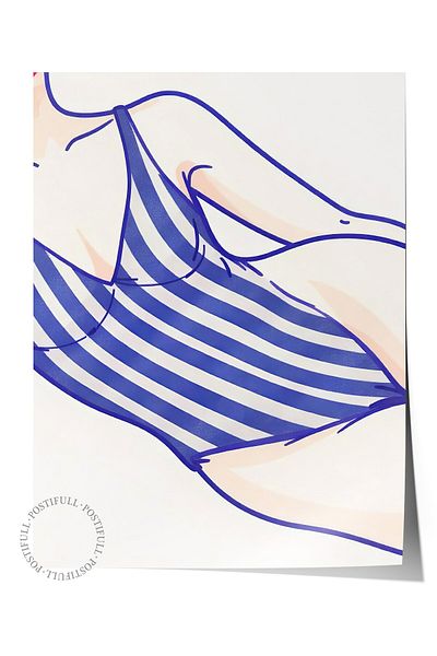 Postifull Frameless Wall Poster, Woman in Swimsuit, Illustration, Blue Color Poster, Summer Selection of 2025, No:109714