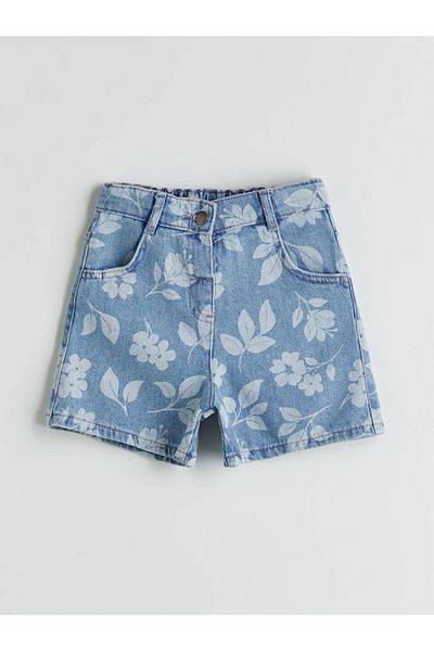 LC Waikiki Floral Girl's Jean Shorts with Adjustable Elastic Waist