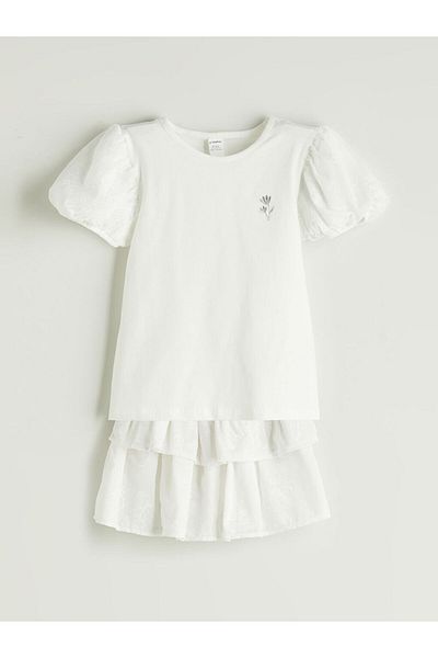 LC Waikiki Ecru Floral Embroidered Girl's Blouse and Skirt 2-Piece