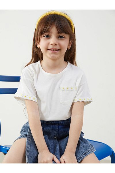LC Waikiki Ecru Crew Neck Floral Girl's T-Shirt