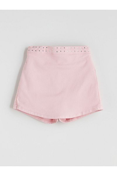 LC Waikiki Pink Girl's Jean Shorts Skirt with Elastic Waist
