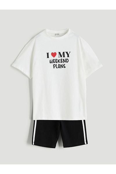 LC Waikiki Ecru Crew Neck Girl's T-Shirt and Leggings