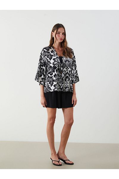 LC Waikiki Black Shawl Collar Floral Oversize Women's Kimono