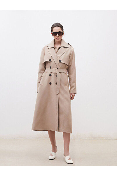 LC Waikiki Beige Jacket Collar Suede Look Women's Trench Coat