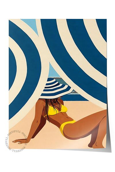 Postifull Poster de perete fără încadrare, femeie neagră în bikini galben, ilustrație, poster de culoare argintie, selecție de vară 2025