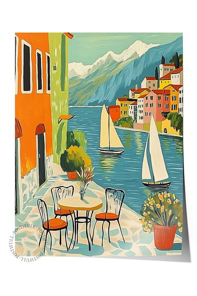 Postifull Frameless Wall Poster, Sailboats, Chairs, Buildings, Impressionist, Vintage, Blue, Earth Tones