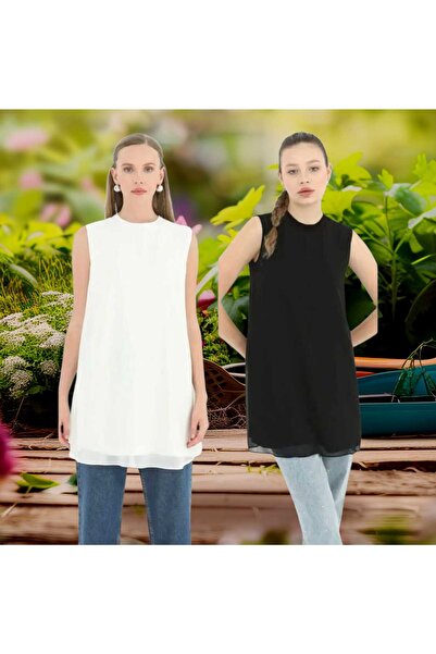 Puane Women's Black + Ecru Colors Set of 2 Sleeveless Front Chiffon Detailed Tunic/Underwear