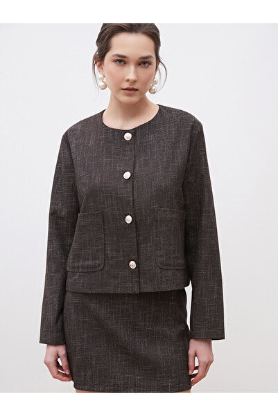 LC Waikiki Kahverengi Bisiklet Yaka Desenli Kadın Tüvit Ceket