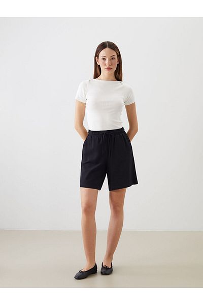 LC Waikiki New Black Women's Shorts with Elastic Waist and Linen Blend