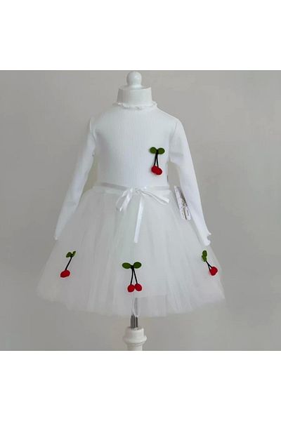 ALFA AKSESUAR 03 5-6-7 Years Old Cherry Patterned Ribbon Belted Lined Long Sleeve Girl's Tutu Dress White