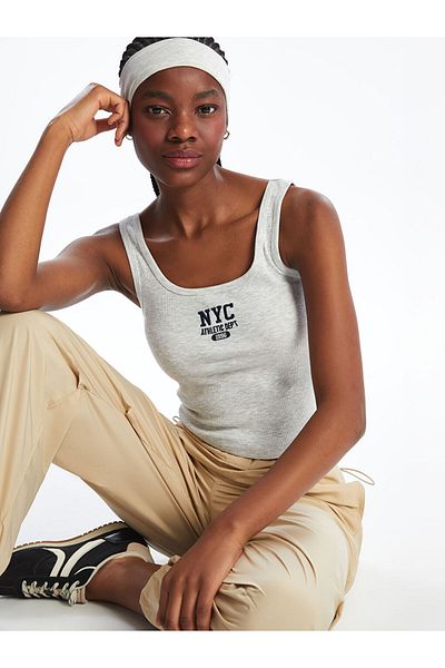 LC Waikiki Xside Gray U-Neck Embroidered Women's Tank Top