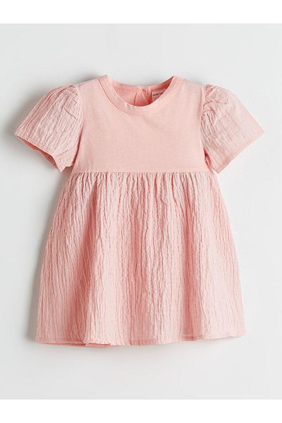 LC Waikiki Pink Crew Neck Baby Girl Cotton Combed Dress