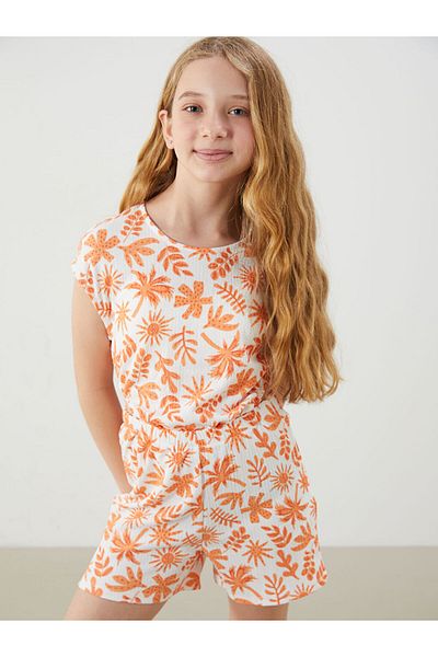 LC Waikiki Ecru Crew Neck Floral Girl's Jumpsuit