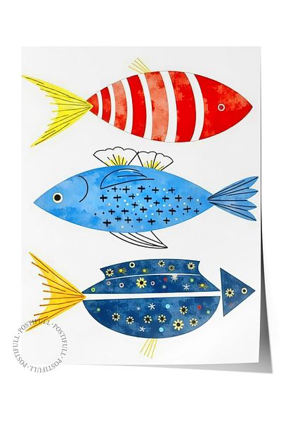 Postifull Poster de perete fără încadrare, pești colorați, ilustrație, poster colorat, selecție de vară 2025, NR:10