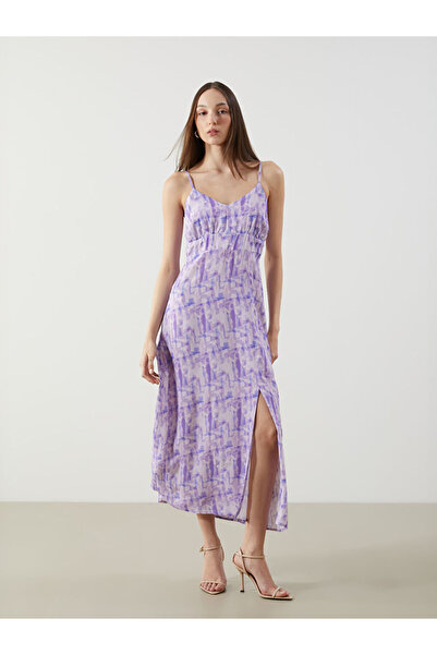 LC Waikiki Purple V-Neck Patterned Satin Dress