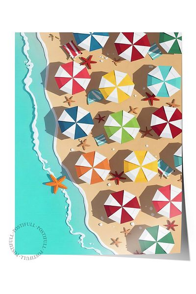 Postifull Frameless Wall Poster, Seaside, Illustration, Maximalist, Colorful Color Poster, 2025 Summer Selection, No:
