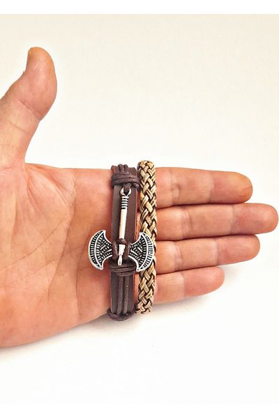 BSN Store Double Sided Fashion Ax Design 2-Pack Genuine Leather Bracelets