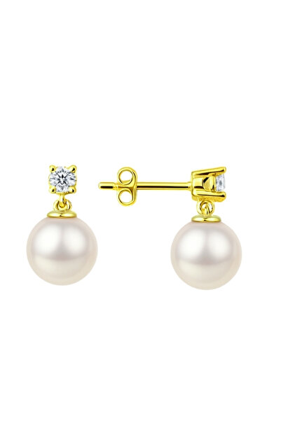 bymissmücevherat 925 Ayar Gümüş Tektaş Detaylı Gold Renk İnci Küpe | Gelinlik, Abiye Nikah Küpesi – BymissMücevherat