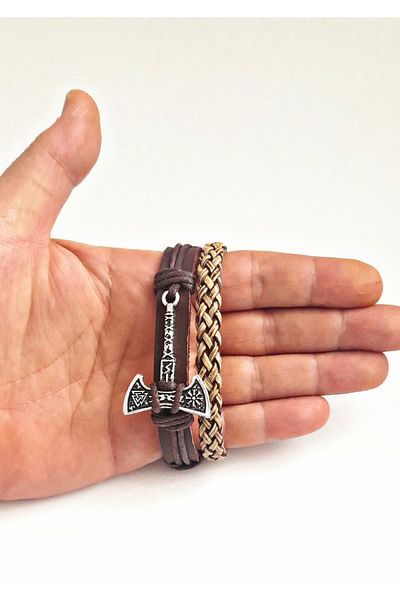 BSN Store Fashionable 2-Piece Design Genuine Leather Bracelet with Valknut Axe Figure