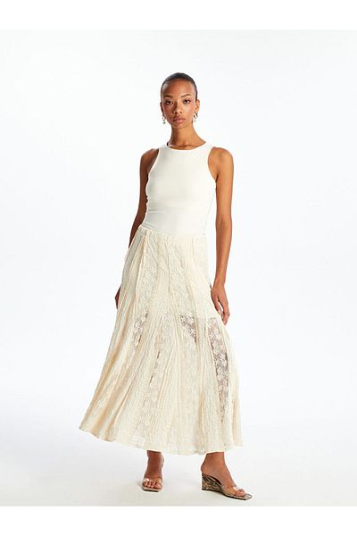 LC Waikiki Ecru Elastic Waist Lace Pleated Skirt