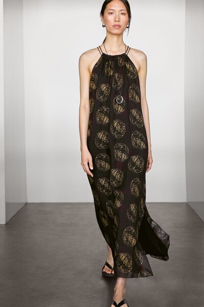 Massimo Dutti Ramie karışımlı desenli uzun elbise