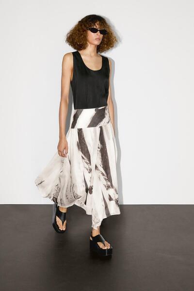 Massimo Dutti Dökümlü mermer desenli midi etek