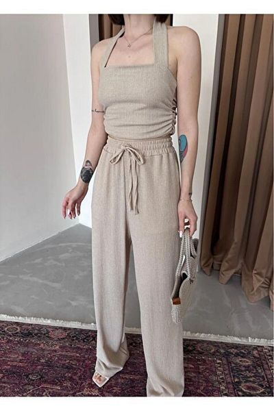 soBasic Textured Blouse and Pants Set