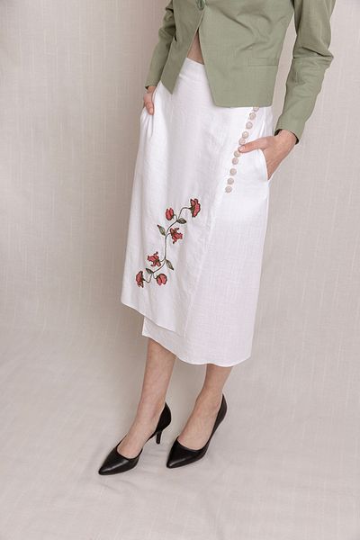 Volanlı White Embroidered Long Azlik Linen Skirt
