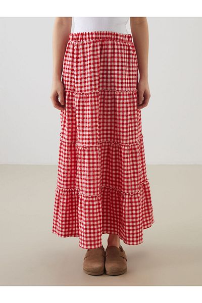 LC Waikiki Xside Red Plaid Folded Skirt with Elastic Waist