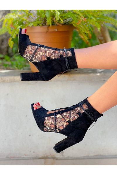 irmona Happy Black Calf Suede Leopard Mesh Detailed Drawstring Summer Heeled Boots Bottie